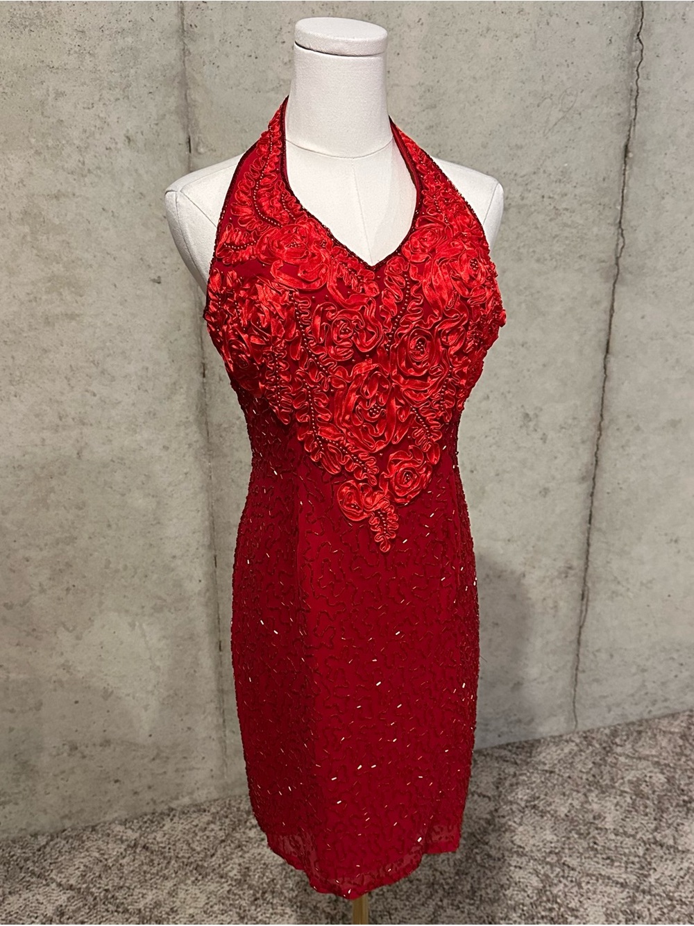 Vintage Y2K Red Silk Halter Dress Beaded Rosette Formal Glam Size Small
